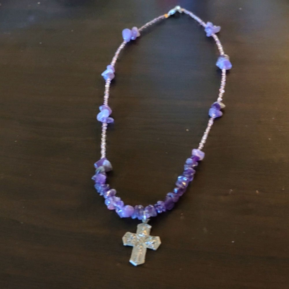 Catholic cross with genuine amethyst necklace